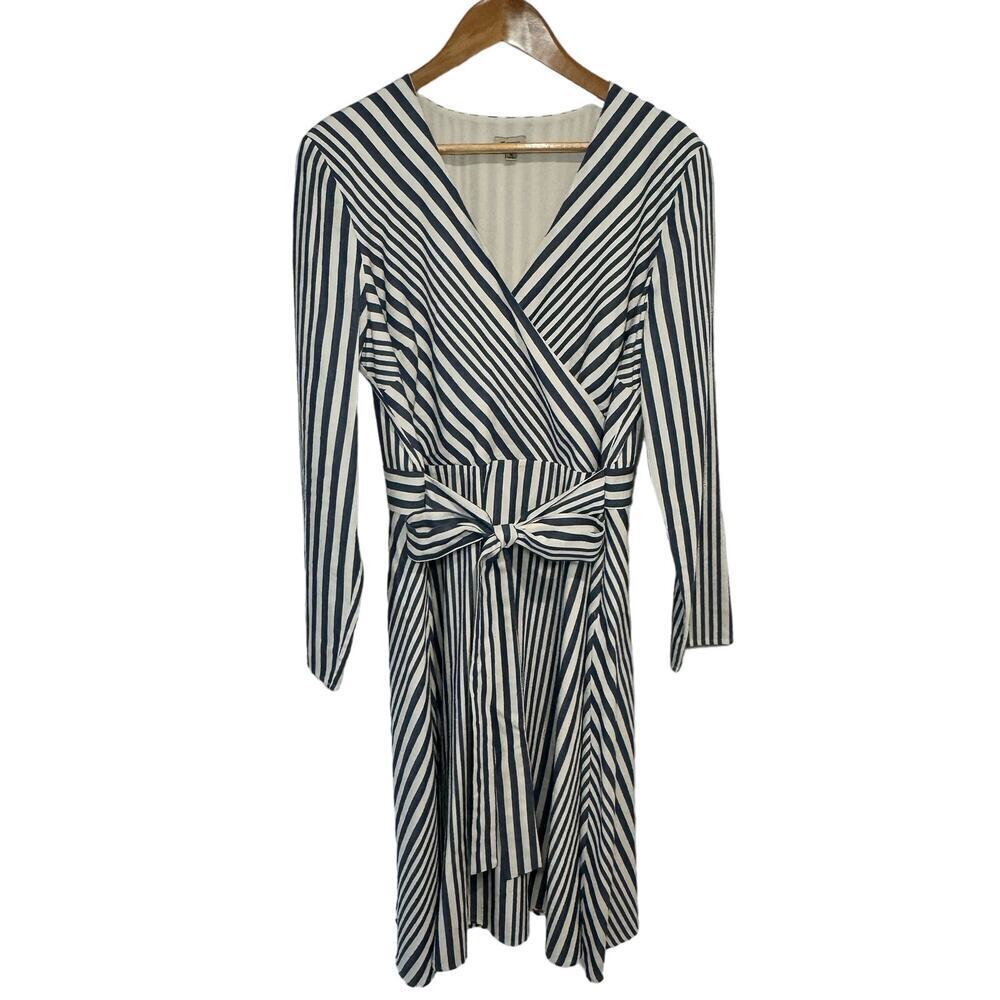 Cremieux Long Sleeve Shirt Dress‎ Navy Ivory Striped Tie Front Women's Size 14